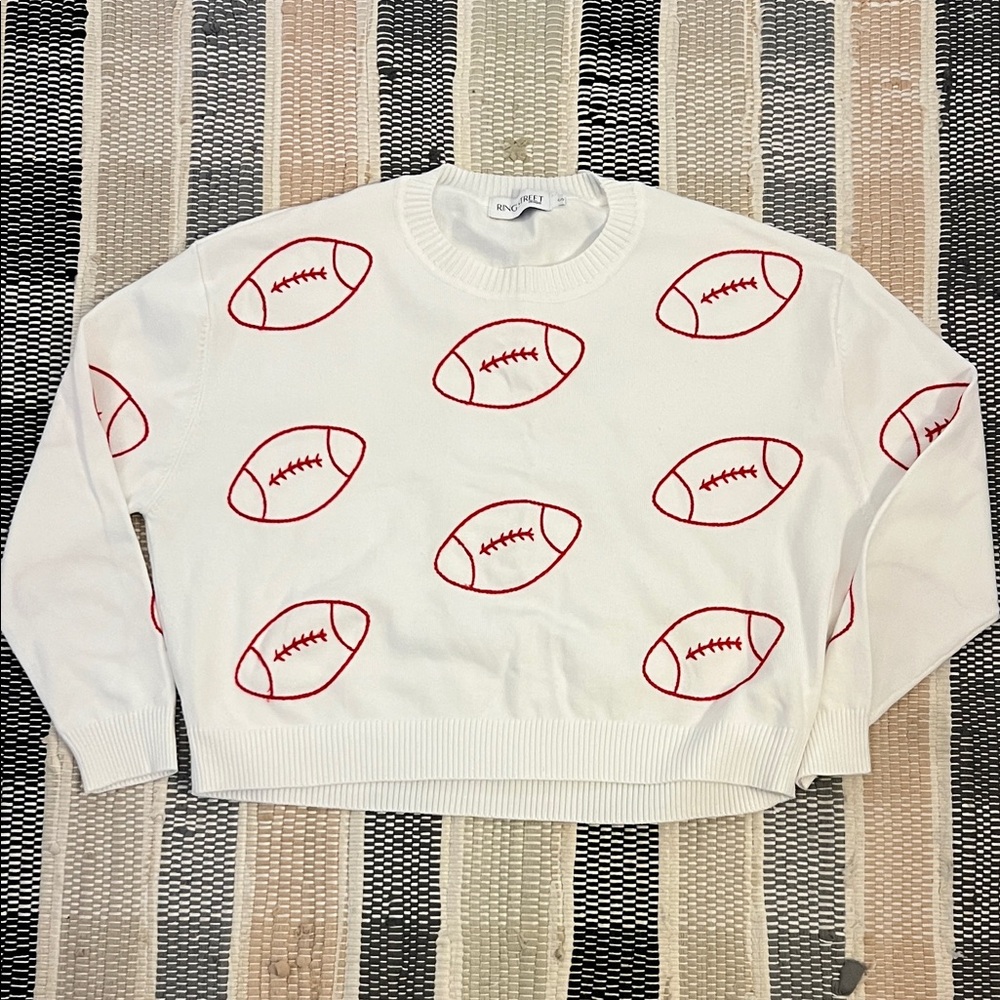 Ring Street White Sweater with Red Football Pattern size small